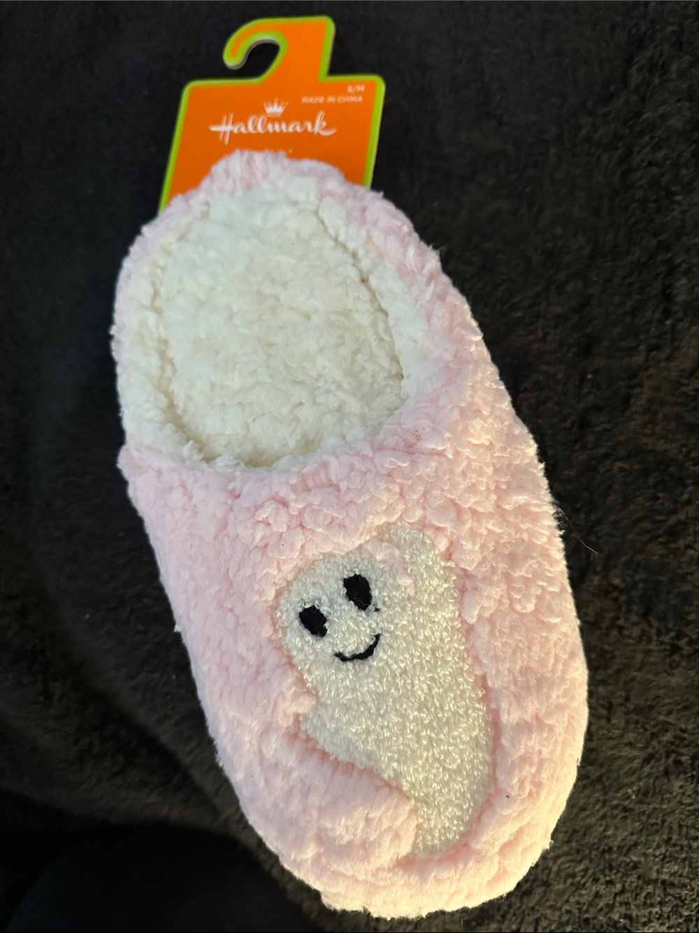 Hallmark Pink Plush Woman’s Slipper with Ghost pink white S/M